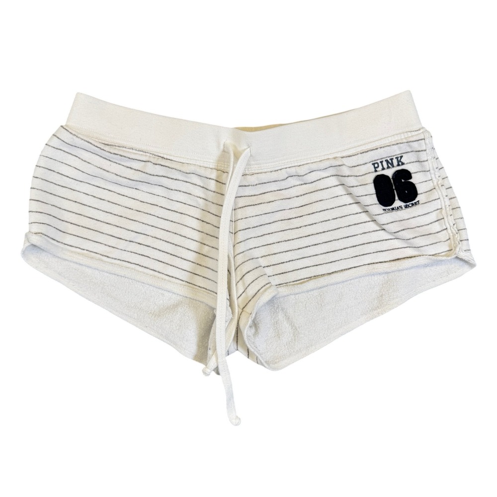 Victoria's Secret PINK Striped Lounge Shorts Cream Gray 86 Patch Small